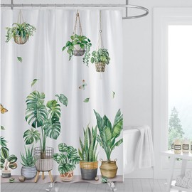 Shower Curtain for Bathroom,Tropical Leaves Fabric Cloth Shower Curtains for Morden Bathroom Decor,Fabric Waterproof Bathroom Curtain with 12 Hooks,180 x 180 cm (Green Potted Plant)
