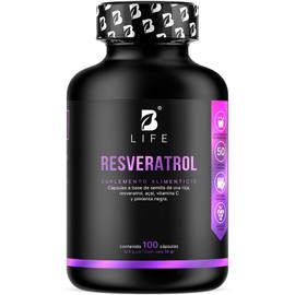 B Life Resveratrol 100 Cápsulas | Antioxidante con Pimienta negra, Uva Roja, Acai y Vitamina C |1000 mg por porción. Ingredientes Naturales.