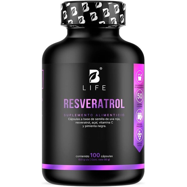 B Life Resveratrol 100 Cápsulas | Antioxidante con Pimienta negra,