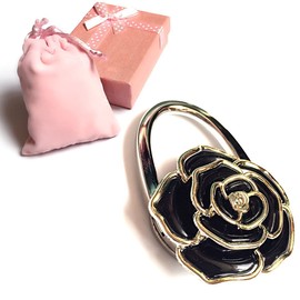 Elesa Miracle Purse Hook **6 Choices** Foldable Handbag Hanger, Folding Table Hanger, with Velvet Pouch in Gift Box (Black Flower)