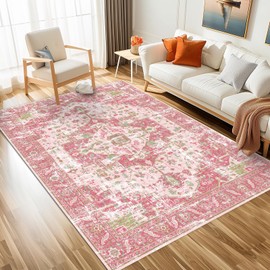 Boho Washable Area Rugs Living Room Vintage Hop Pink Green 3x5 Neutral Modern Non Slip Small Carpet for Nursery Dining Room Bedroom Farmhouse