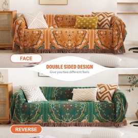 Y-PLWOMEN Orange Boho Throw Blanket, 100% Cotton Bohemian Blanket for Couch Bed Sofa, Reversible 4 Layer Yarn-Dyed Floral Blanket Bed Decor wiz Tassel Year-Round Use, 90x98 Inch