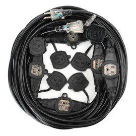 50FT 14 Gauge Indoor/Outdoor Power Extension Cord,5-15R LED Indicator Cable Male Plug to Female Connector Cord Splitter Seven Outlet Cable with UL Listed