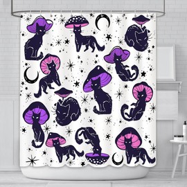 AIBIIN Cat Shower Curtain Fun Black Cat Mushroom Bath Curtains for Home Bathroom Washable Decorative Supplies with 12 Hooks 180x180cm
