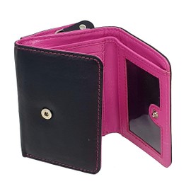 STARHIDE Ladies RFID Blocking Compact Genuine Leather Small Wallet with Zip Around Coin Pouch On The Side 5555 (Black Fuchsia)