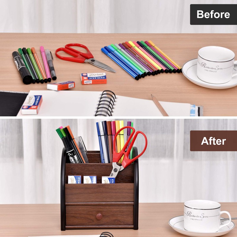 Siveit Wooden Desktop Organizer with Drawer, Multifunctional Office Supply Storage