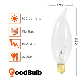 15 Watt Flame Tip Candelabra Light Bulbs | CA10 Clear Finish E12 Base 2700K Soft White CFC | Dimmable 15W 100 Lumens | Decorative Chandelier Bulbs | Incandescent 12 Pack by GoodBulb
