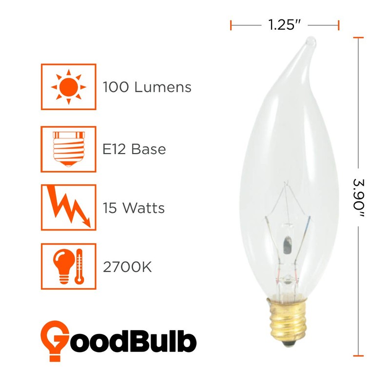 15 Watt Flame Tip Candelabra Light Bulbs | CA10 Clear