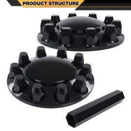 CNNELL Glossy Black Front Wheel Covers Hub Axle Semi Plastic ABS Pair 33mm Nut Covers 1Pair Compatible with Most of 10 Holes 20" & 22.5" & 24.5" Semi-Truck Wheels with 11.25" Bolt Circle Wheels