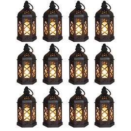 Reperla 12-Pack Mini Lanterns, LED Small Candle Lanterns Decorative, Tea Light Lantern Decoration, Black Hanging Decorative Lantern, Table Centerpiece for Wedding Xmas Ramadan Decor, Battery Included