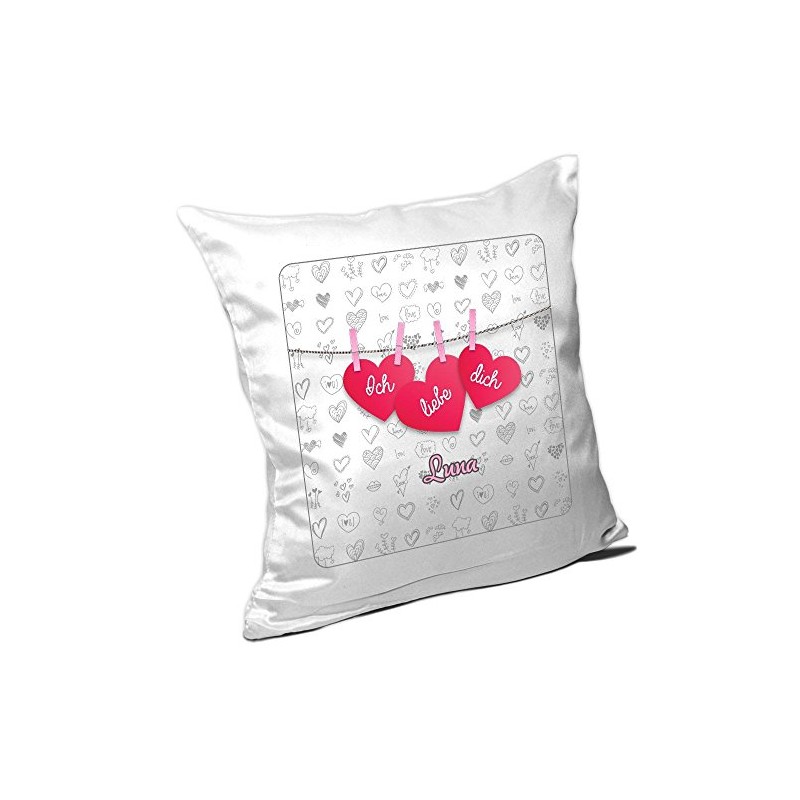 Cushion with Name Luna and Rich Line with Hearts –