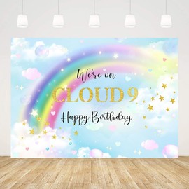 AIBIIN 7x5ft On Cloud 9 Birthday Backdrop for Girl We're on Cloud Nine Happy Birthday Photography Background Rainbow Cloud 9th Birthday Party Decorations Banner Photo Booth Props