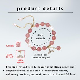 LWQQWL Healing Stone Pearl Bracelet Pink Crystal Beaded Bracelet with Fishtail Pendant Fengshui Natural Strawberry Crystal Adjustable Bracelet for Women Christmas Birthday Gifts