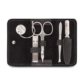 nippes Solingen Premium Line Tabard Manicure Set, 4 Pieces, Black, Stainless Steel, Nickel & Rust-Proof, Cowhide Leather Nail Case, Nail Care Set, Made in Germany
