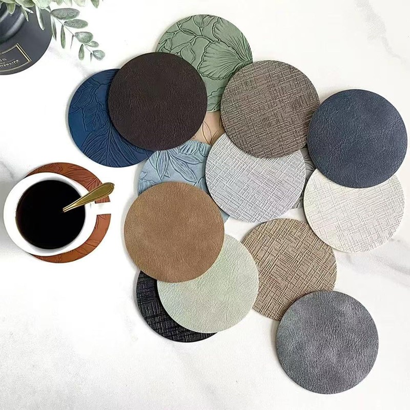 8PCS Leather Coasters For Drink Black Round Leather Drink Coaster