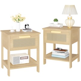 AWQM Nightstands Set of 2, End Table with Storage Drawer and Opening Shelf, Rattan Side Table Set of 2, Natural Accent Table Bedside Table for Small Space, Lounge, Apartment, 15.75" D*15.75" W*19" H