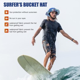 Surf Bucket Hat with Chin Straps and Neck Flap for Surfing, Kayaking,SUP, and Watersports (US, Alpha, Large, Tropical Leaf Blue)