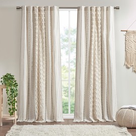 INK+IVY Imani 100% Cotton SINGLE PANEL Curtain Tufted Chenille Stripe Geometric Print Mid-Century Look Rod Pocket Top Drape for Living Room, Privacy Window Treatment for Bedroom, 50" x 84", Ivory