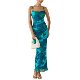 PRETTYGARDEN Women's Floral Maxi Dress 2025 Summer Spaghetti Strap Ruched Mesh Bodycon Wedding Guest Beach Party Long Dresses (Floral Lake Blue,Large)