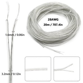 GOIYZTTR 20 m PVC Flexible Cable Transparent 2 Core Electric Cable Transparent 28 AWG PVC Power Cable Flat Outer Diameter 1.6 x 3.2 mm for Household Appliances with Low Power Consumption