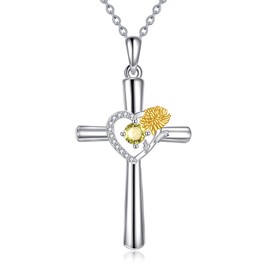 YYB Cross Necklace for Women Sterling Silver Birthstone Necklace Birth Flower Necklace Christian Gifts Valentines Day Gifts Birthday Holiday Gifts for Her Mom Wife Girlfriend, Sterling Silver, Cubic