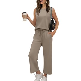 WIHOLL 2 Piece Sets for Women Airport Outfits Wige Leg Pants Summer Lounge Sets Beach Vacation Clothes Coffee XXL
