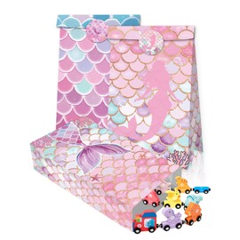 12Pcs Mermaid Birthday Party Favor Bags, Ocean Mermaid Scale Candy Gift Kraft Paper Bag with Sticker, Underwater Themed Mermaids Party Decoration Treat Gift Bags for Birthday Party