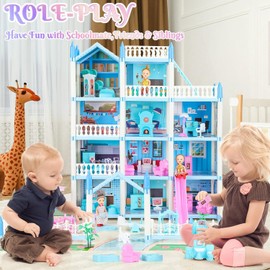 4 Stories 29 Inch Big Doll House 7-8, Dream Dollhouse with Furniture Accessories, 3 Dolls, Lights, Toddler Doll Houses for 4-5 Years Old Girls Boys Pretend Cottage Toy House Gift for Kids 3+