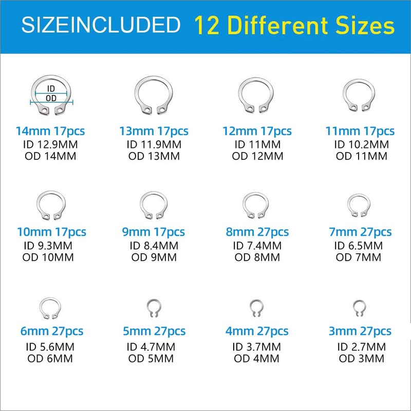 Mariyandh 528Pcs E-Clips Circlip Retaining Rings Assortment Set(1.2mm-10mm) and C-Clips