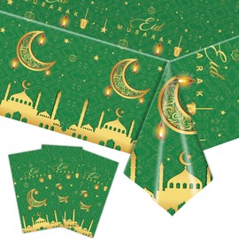3 Pack Ramadan Decorations Ramadan Table Cloth, Green and Gold Eid Mubarak Tablecloth, 108x54 inch Ramadan Mubarak Table Cover, Ramadan Eid Decorations for Home, PE Plastic Disposable Tablecloth