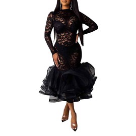xxxiticat Women's Ruffle Sheer Lace Party Dress Long Sleeve Bodycon Night Out See Through Mesh Hollow Out Mermaid Dresses(BL,M) Black