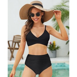 Amy Babe Women's High Waisted Bikini Sets Push Up Twist Front Spaghetti Straps Ruched Two Piece Swimsuit Bathing Suit Black Medium