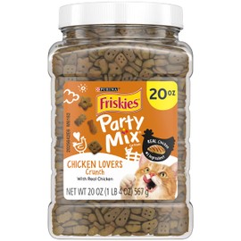 Purina Friskies Party Mix Cat Treats, Chicken Lovers Crunch, Made with Real Chicken, Crunchy Cat Treats for Adult Cats, 20-Ounce Resealable Canister (Pack of 4)