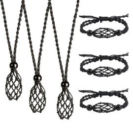 LERSUSI 6 PCS Crystal Cage Necklace and Bracelet Cord Holder Empty Stone Holder Replacement Hand-Woven Cord with Adjustable Length（Black）