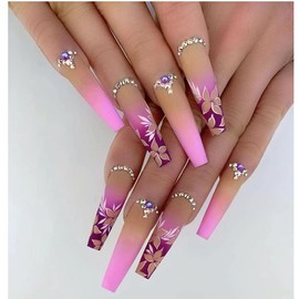 Colorful Butterfly Flowers CZ Long Coffin Press On False Nails Medium Length Full Cover Acrylic Fake Nails Ballerina Nails for Women Lady Summer Fashion Nails for Nail Salons and Home DIY Nail Art 24PCS (CBLCY-47 CZ Purple)