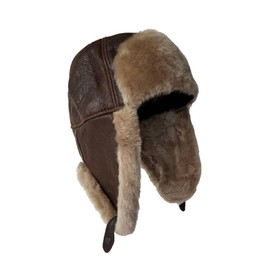 Leather Aviator Russian Ushanka Trapper Shearling Sheepskin Fur Ear Flap Waterproof Winter Hat (US, Alpha, Large, Brown/Ivory)