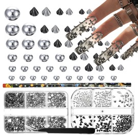 4PCS Kits 3D Metal Punk Nail Art Studs Silver Black Cone Spikes Alloy Rivets Jewelry Steel Balls Nail Jewelry Decorations Manicure Supplies With Tweezers Dot-drill Crayons for DIY Crafts