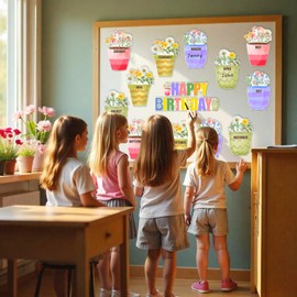 CORNER LACE Wildflowers Theme Happy Birthday Bulletin Board Set for Classroom 15Pcs, Calendar Poster Birthday Chart Wall Cutouts Decoration for Teacher Student(Pink Yellow Purple)