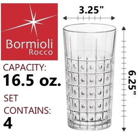 Bormioli Rocco Bartender Este 16.5 oz. Cooler Drinking Glasses for Cold Drinks, Juices, and Cocktails, Clear, Set of 4