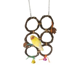 Elvaesther Birds Parrots Hand-Woven Hanging Ring Perch Stand Bird Swing Climbing Toy with Bells Pine Cones Cage Supplies 6 Rings (Double Row)