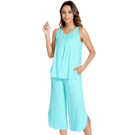 NACHILA Pajamas for Women-Viscose Made from Bamboo, Soft Sleeveless Sleepwear with Capri Pants Pajama Sets Cool Lounge Set Aqua Green M