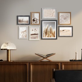 ArtbyHannah Gallery Wall Frame Set, Vintage Picture Frames Collage Wall Decor with Neutral Pampas Grass Art for Living Room Bedroom, Assorted Size Including 8"x10", 5"x7", 4"x6", 6"x6" (8 Pack)