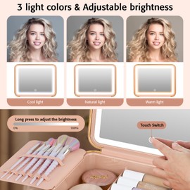 Longyu Travel Makeup Case With Light Up Mirror Portable Organizer and Train Case for Makeup Artists and Hairstylists with 5x Mirror (Pink)