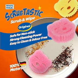 White Magic Scrubtastic Scrub & Wipe Sponge Original 3 Pack – 100% German Material, Dual-Action, Firm in Cold & Soft in Warm, Ergonomic Bear Shape, Scratch-Free, Odour Resistant, Safe for All Surfaces