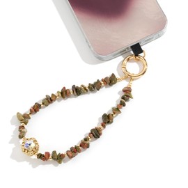 Little Fire Craft Phone Wristlet Strap Handmade Natural Stone Beaded Wrist Strap Phone Lanyard Chain Wristband Beaded Charm (Unakite Green Stone)