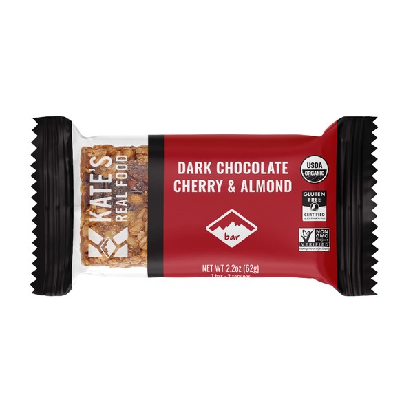 Kate’s Real Food Organic Energy Bars, Non-GMO, All-Natural Ingredients, Gluten-Free and Soy-Free Healthy Snack with Natural Flavors, Dark Chocolate Cherry Almond (Pack of 12)