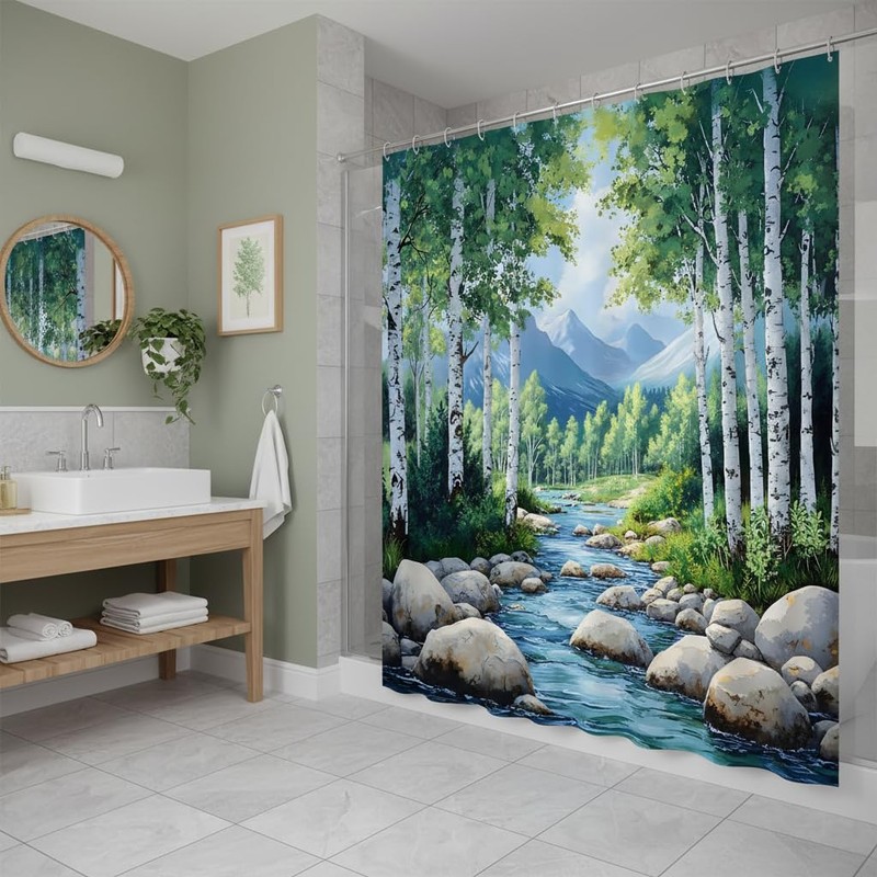WUASDCS Nature Forest Stream Shower Curtain Spring Birch Trees Mountain