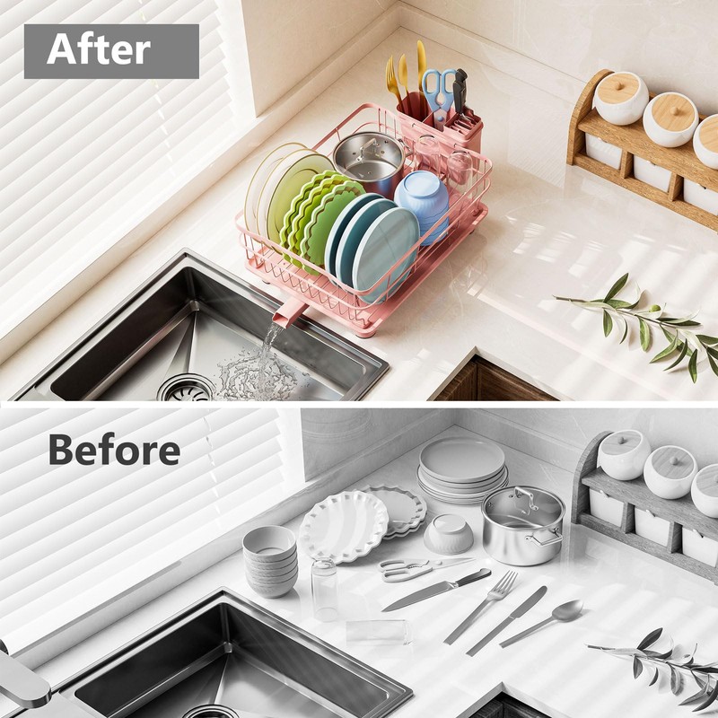 AIDERLY Iron Dish Drying Rack Auto Drain Dish Drainers Kitchen