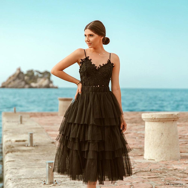 CHICWISH Women's Black Tiered Layered Mesh Ballet Prom Party Tulle