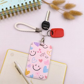 Cute Pink ID Badge Holder Photocard Holder with Keychain, Card Holder Key Chain with Keyring, Card & Photos Protective Case for Women Girls Kids Teachers Students for ID Badge Keys Photocard